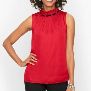 Talbots Cocktail Red Velvet Tie Trim Satin Sleeveless Ruffle Neck Blouse Top